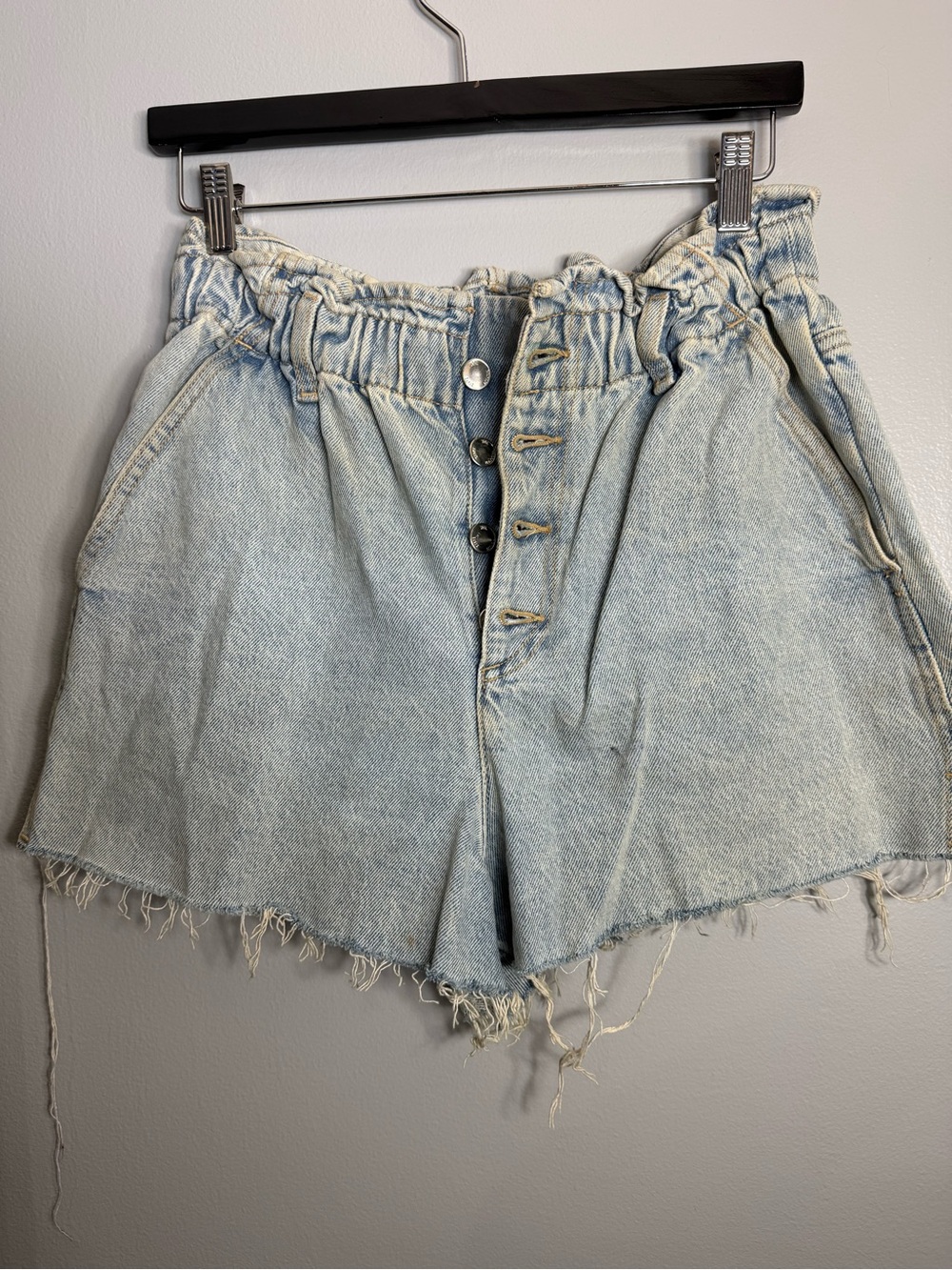 Zara Light Blue Paperbag Button-Front Denim Shorts